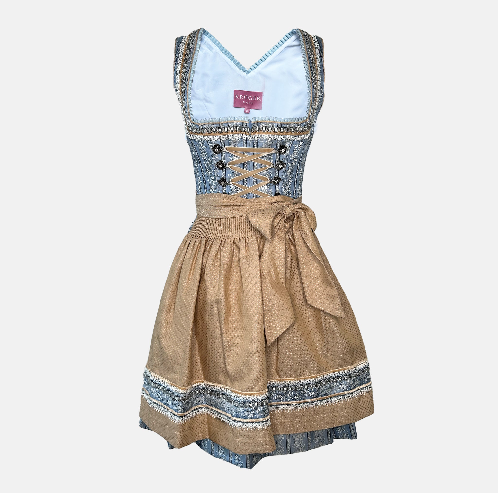 Affordable dirndl dress rental in Munich or online. Rent the elegant Krüger Dirndl in light blue—perfect for Oktoberfest and events. Book your dirndl cheap today!