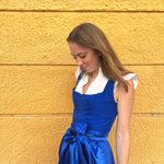 Rent Ma.Le.Ma blue Dirndl in Munich: artisanal structured bodice, square neckline, luxurious silk skirt with bow-apron and dotted underskirt—perfect for Oktoberfest.