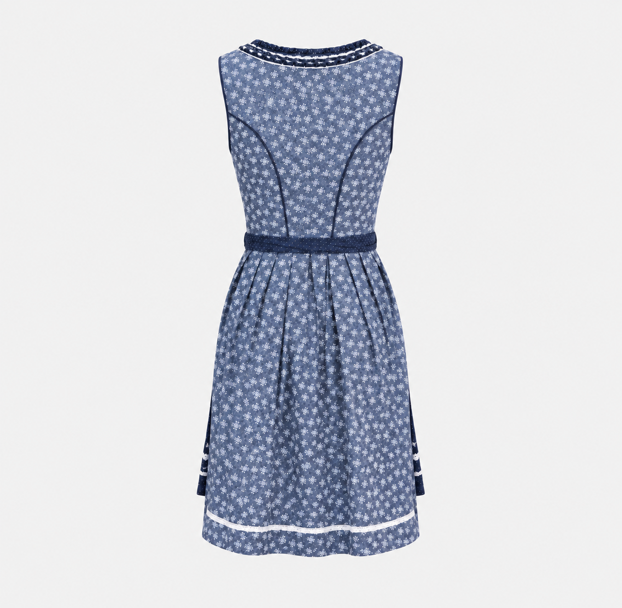 Back view of Marjo blue Dirndl with small white floral motifs, dark piping and white skirt trim