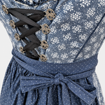 Detail of Marjo blue floral bodice with decorative metal hooks, dark ribbon lacing and navy dotted apron bow