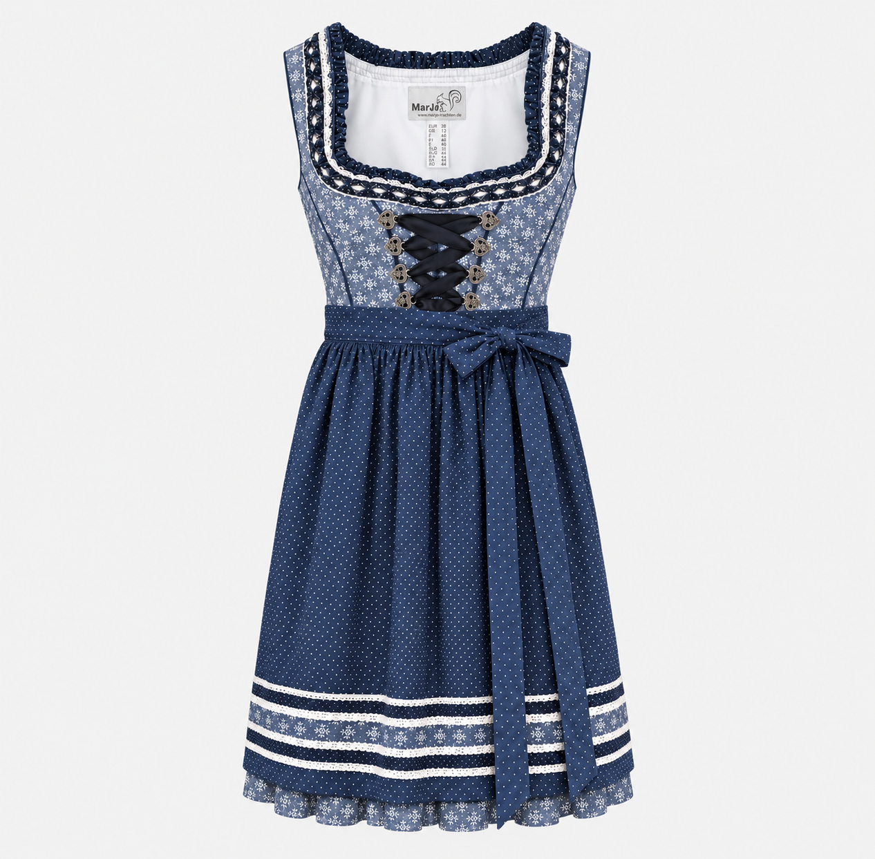Front view of Marjo blue floral Dirndl with dark ribbon lacing and navy dotted apron for rental in Munich