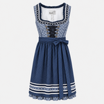 Front view of Marjo blue floral Dirndl with dark ribbon lacing and navy dotted apron for rental in Munich