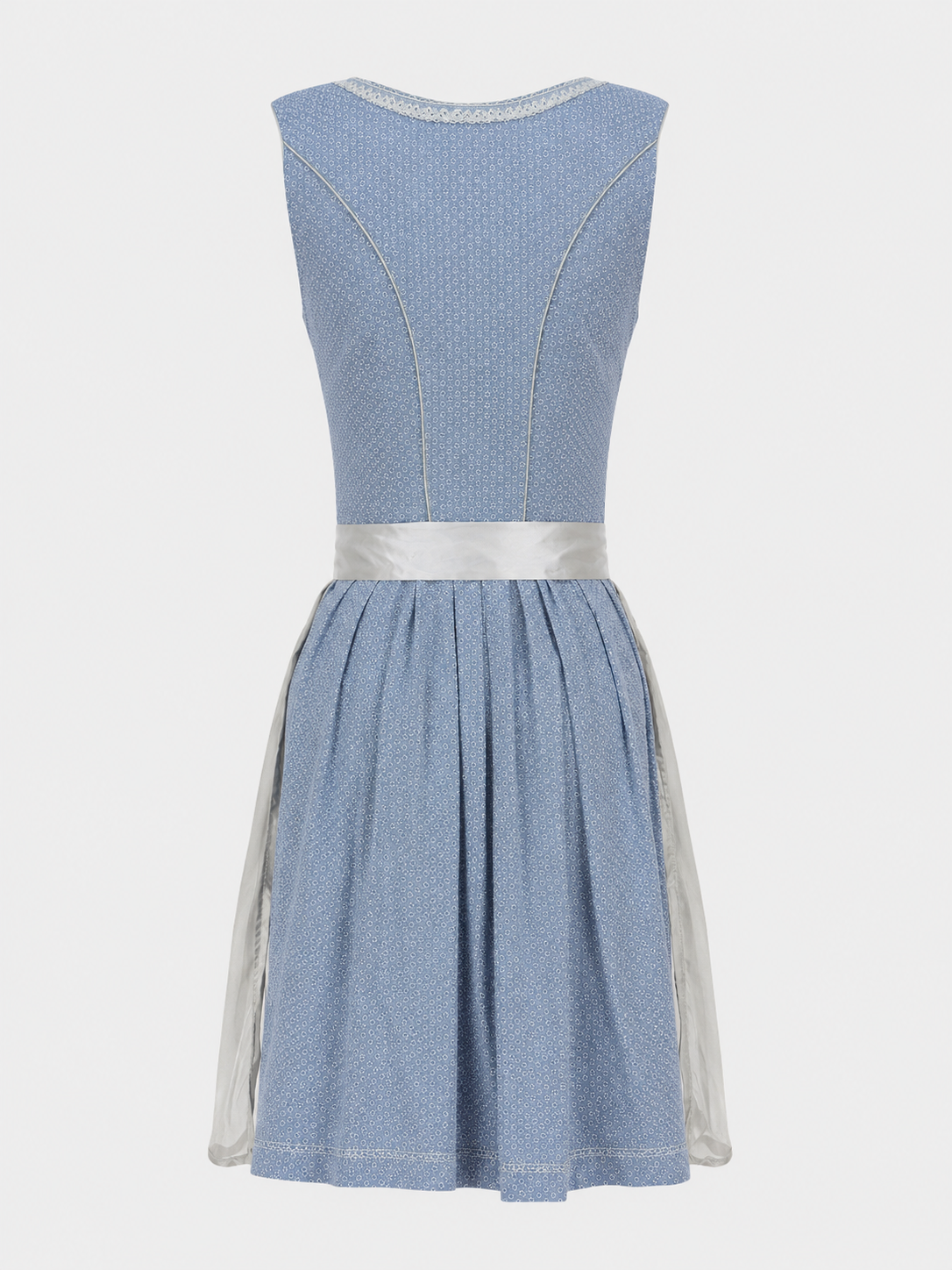 Back view of the light blue MarJo midi Dirndl with patterned skirt and silver apron ties