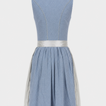 Back view of the light blue MarJo midi Dirndl with patterned skirt and silver apron ties