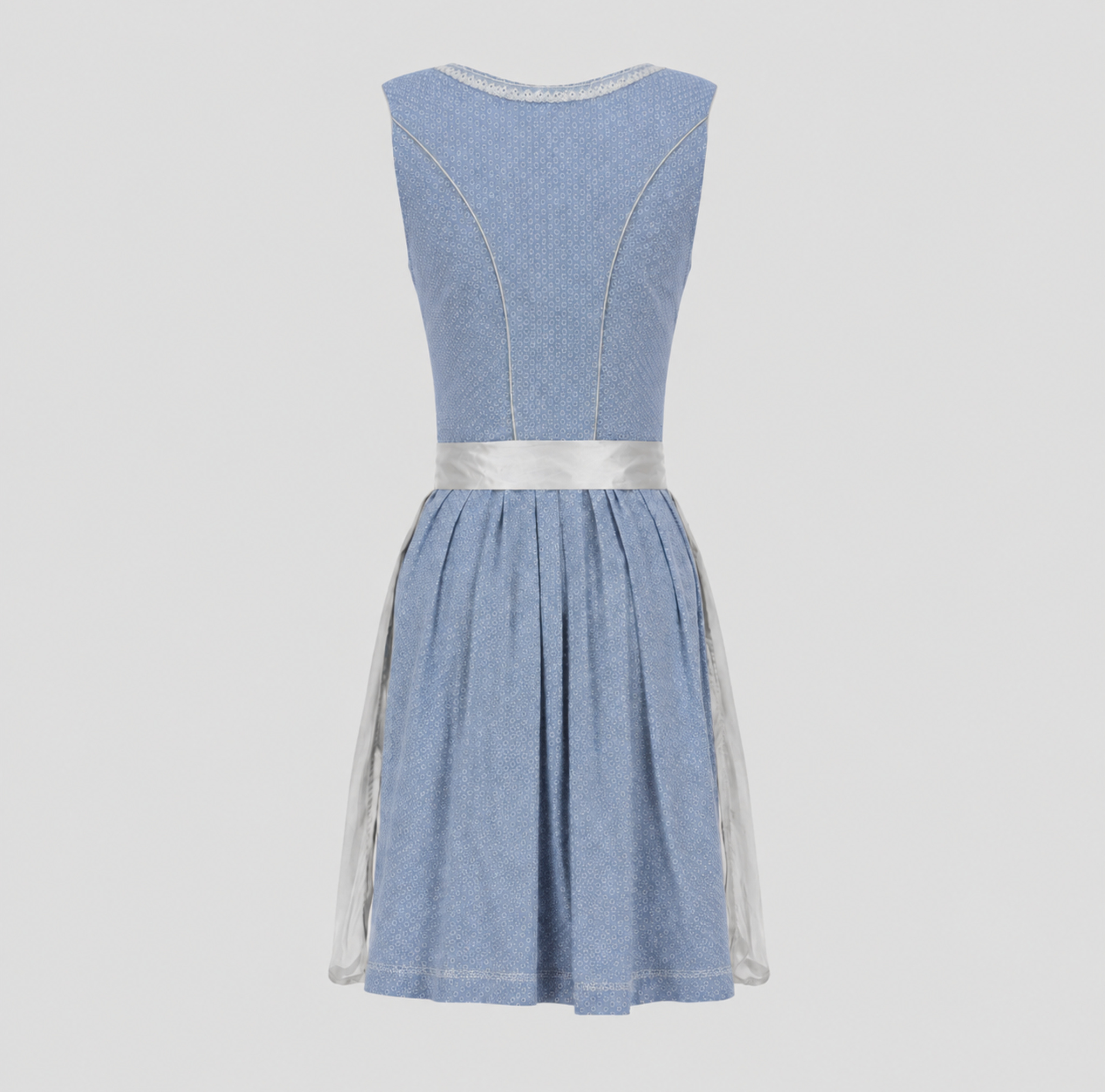 Back view of the light blue MarJo midi Dirndl with patterned skirt and silver apron ties