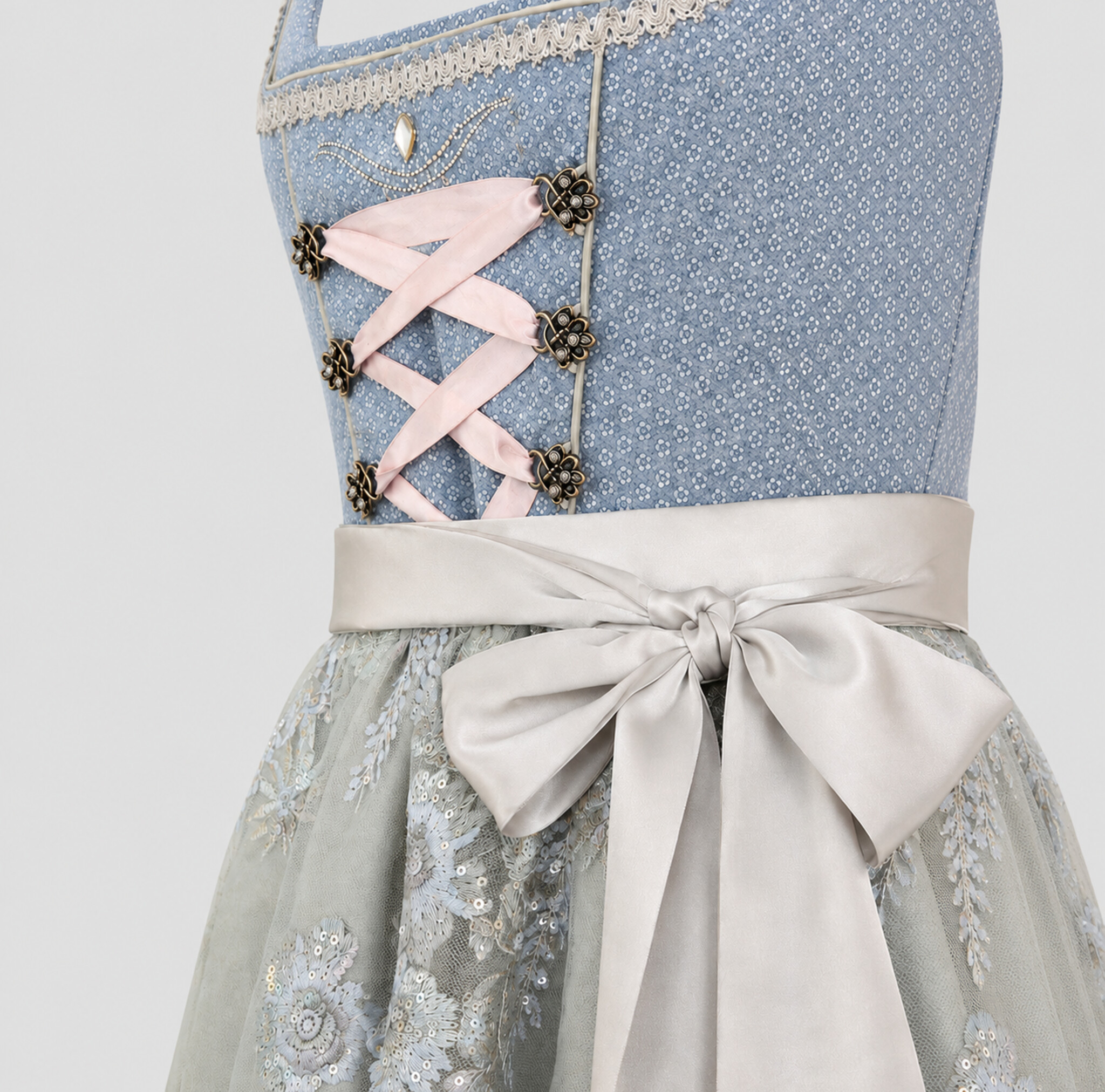Close-up of the light blue MarJo Dirndl bodice, ribbon lacing and silver satin apron bow