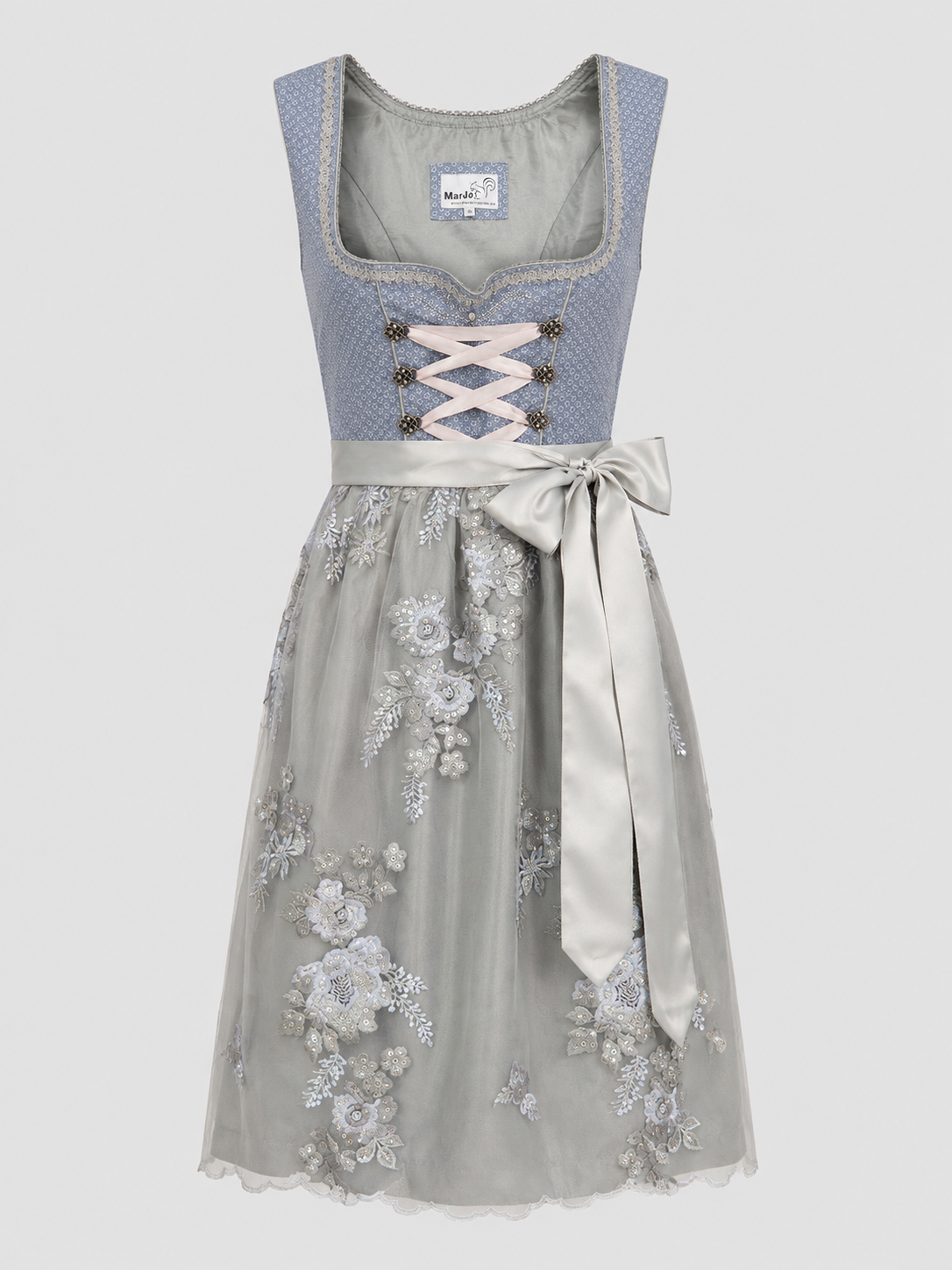 Front view of a light blue MarJo Dirndl with floral lace apron for Oktoberfest rental in Munich