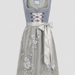 Front view of a light blue MarJo Dirndl with floral lace apron for Oktoberfest rental in Munich
