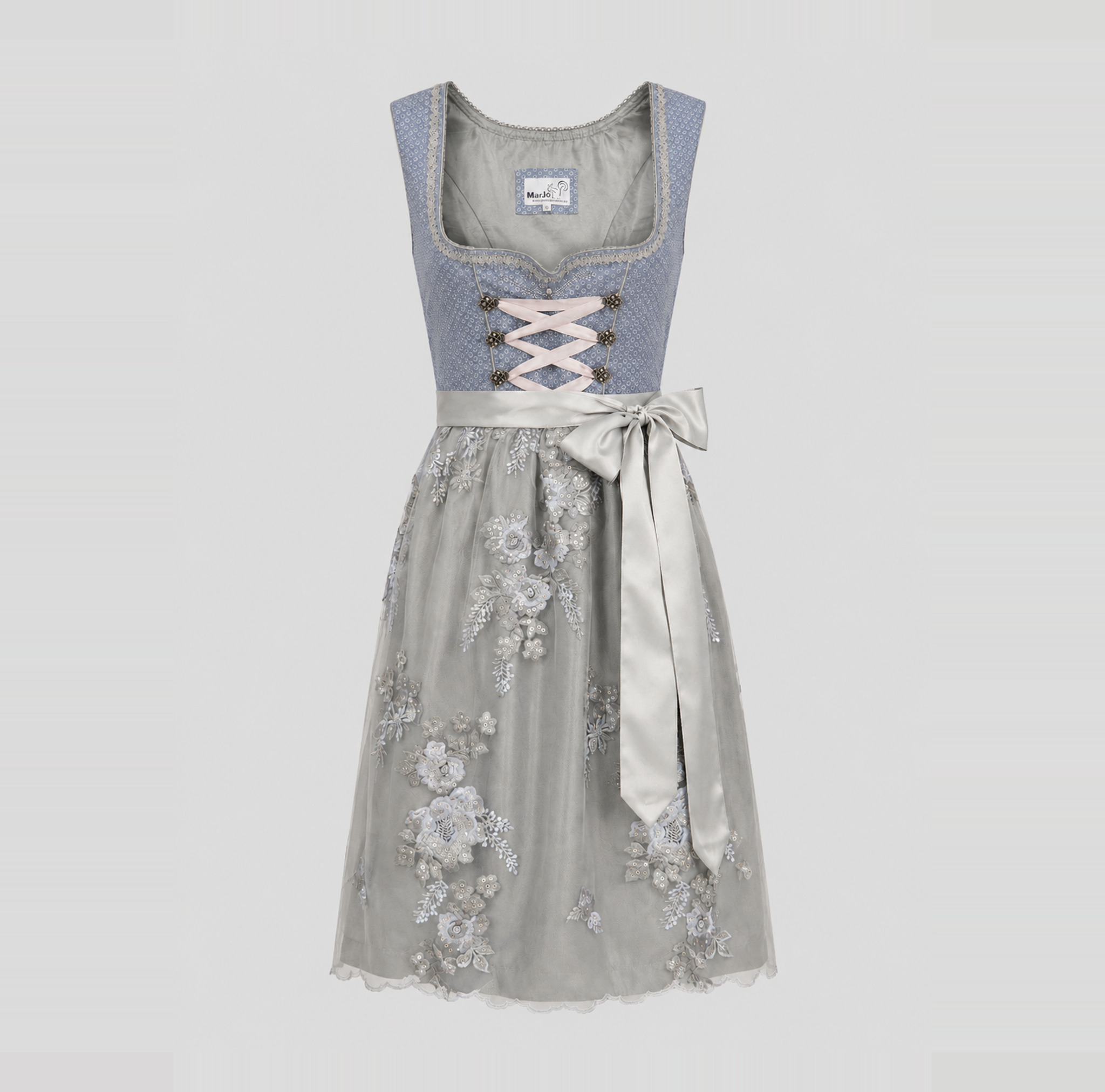 Front view of a light blue MarJo Dirndl with floral lace apron for Oktoberfest rental in Munich