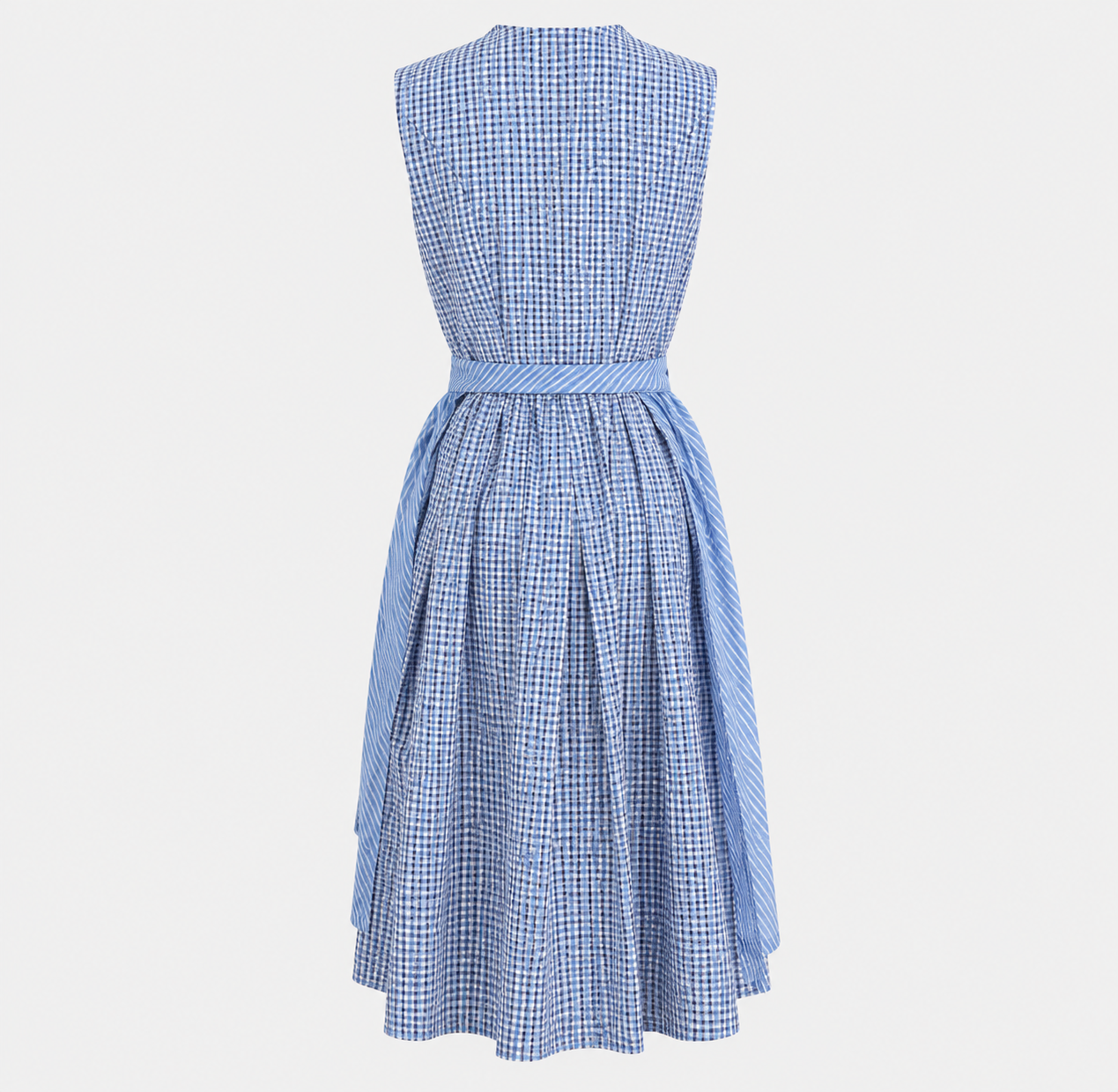 Back view of Redel blue and white checked Dirndl with matching skirt and striped waist sash