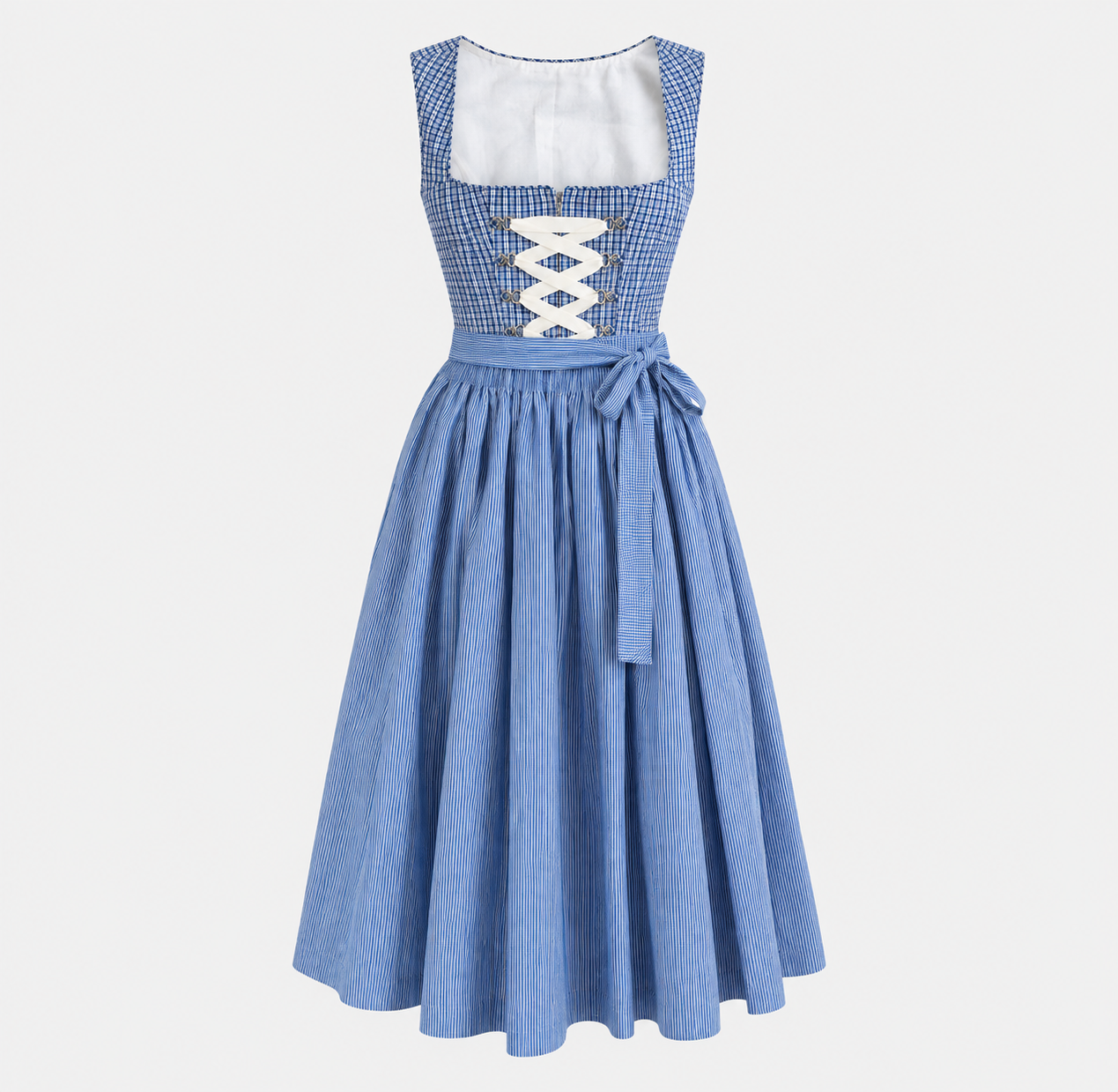 Front view of Redel blue and white checked Dirndl with cream lacing and striped blue apron