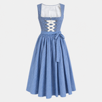 Front view of Redel blue and white checked Dirndl with cream lacing and striped blue apron