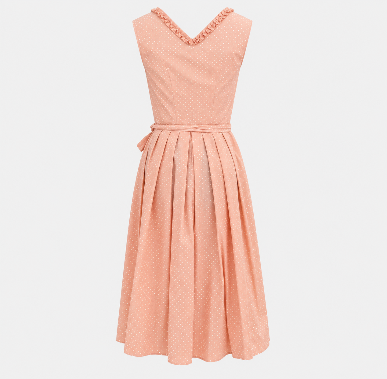 Back view of Turi Landhaus apricot Dirndl with white dots, gathered skirt and matching waist ties