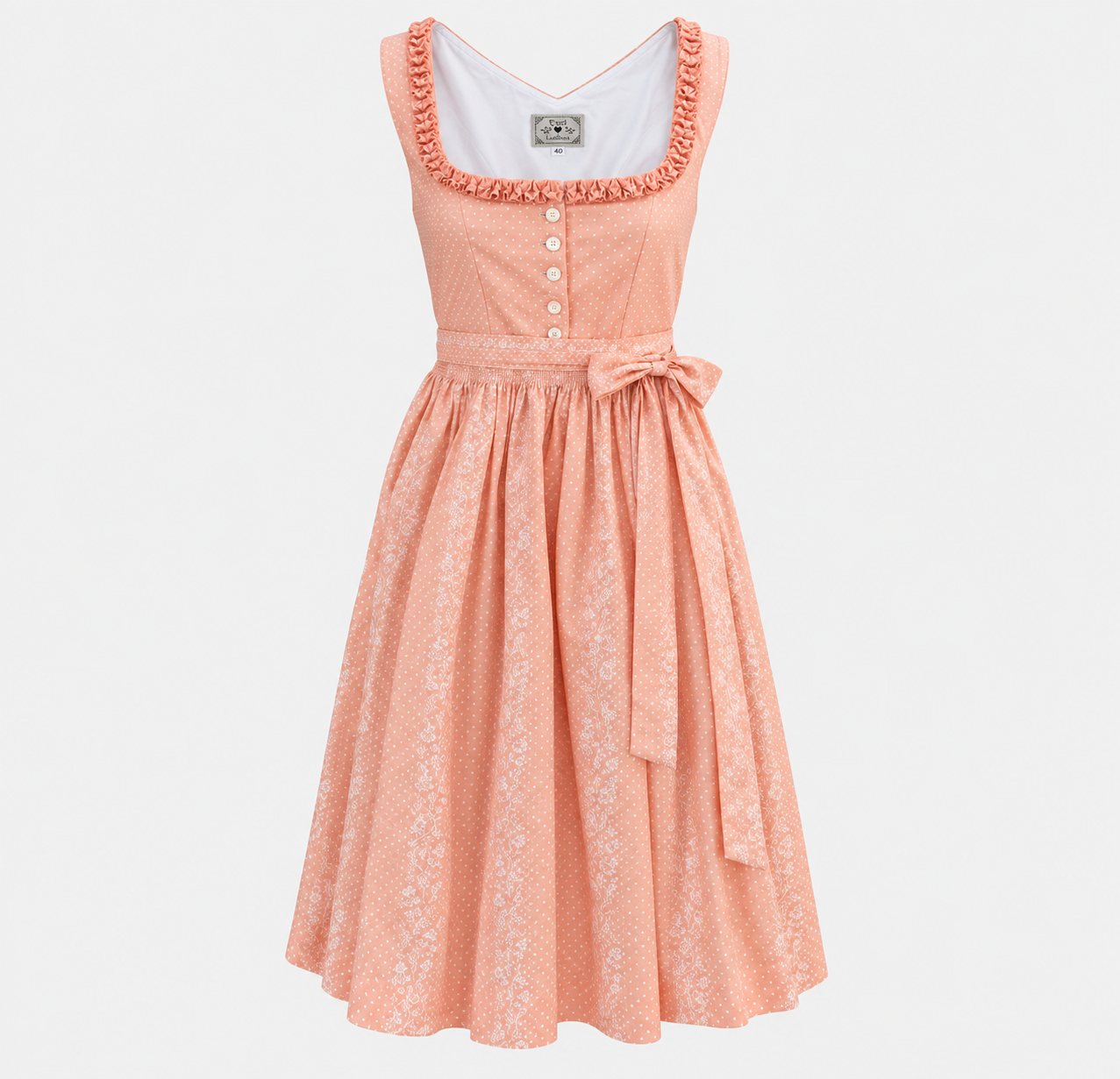 Front view of Turi Landhaus apricot Dirndl with white dots and floral apron for rental in Munich