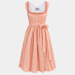 Front view of Turi Landhaus apricot Dirndl with white dots and floral apron for rental in Munich