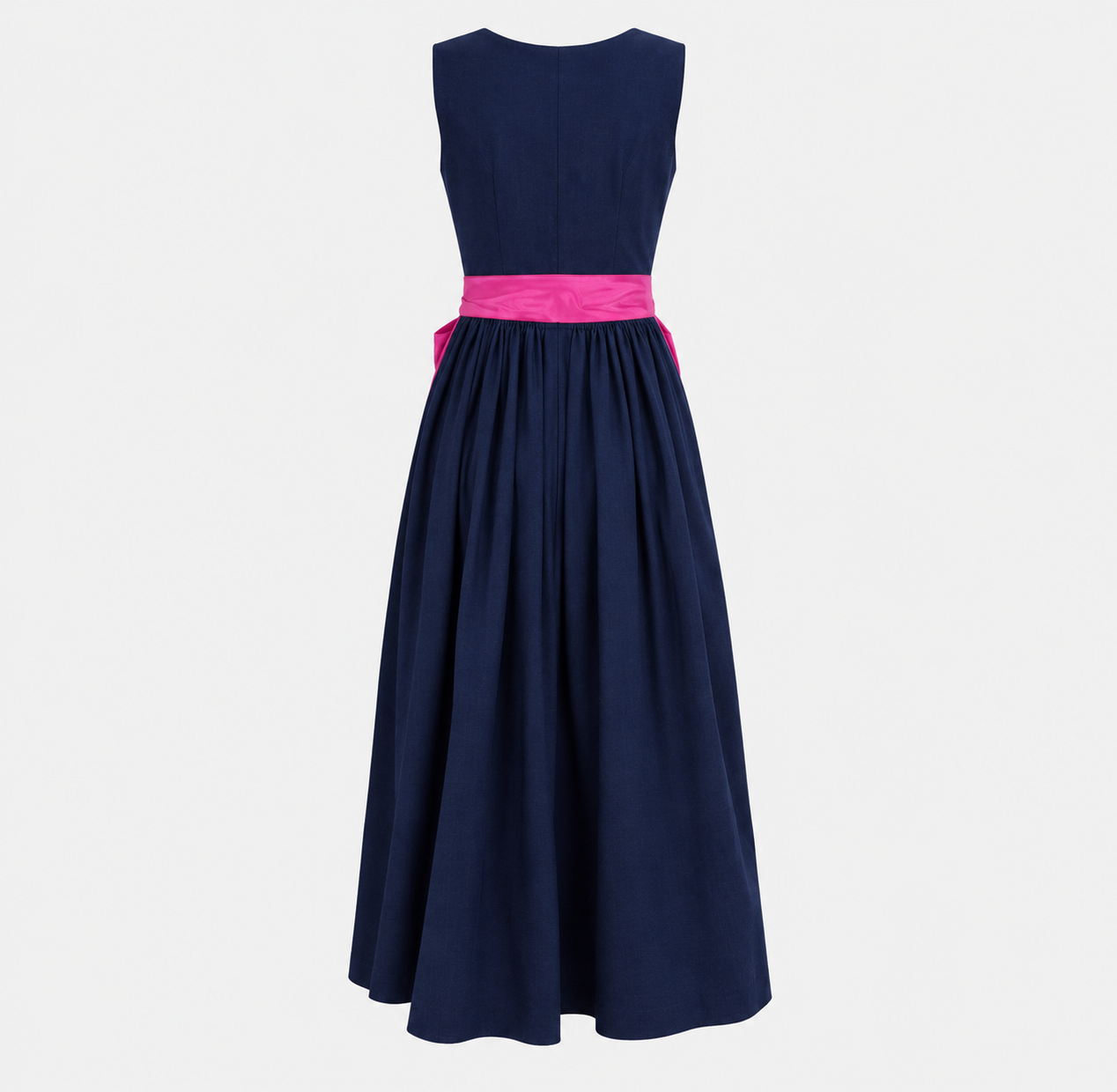Back view of Versatile Collection Charlotte with navy bodice, gathered skirt and pink waist sash