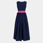 Back view of Versatile Collection Charlotte with navy bodice, gathered skirt and pink waist sash