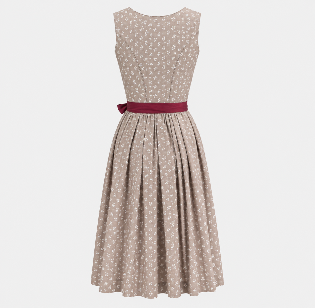 Back view of Wenger beige Dirndl with small white floral pattern and berry red waist sash
