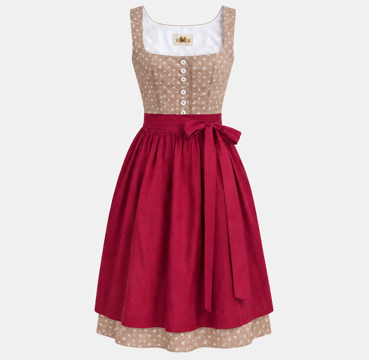 Front view of Wenger beige floral Dirndl with berry red apron for Oktoberfest rental in Munich