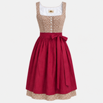 Front view of Wenger beige floral Dirndl with berry red apron for Oktoberfest rental in Munich
