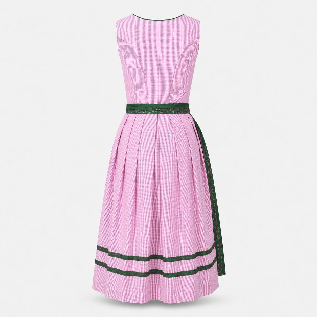 Back view of pink Wenger Dirndl with green waist trim and decorative green skirt accents for Oktoberfest rental in Munich