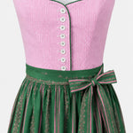 Detail of Wenger Dirndl with pink checked bodice, white buttons, green piping and patterned green apron bow