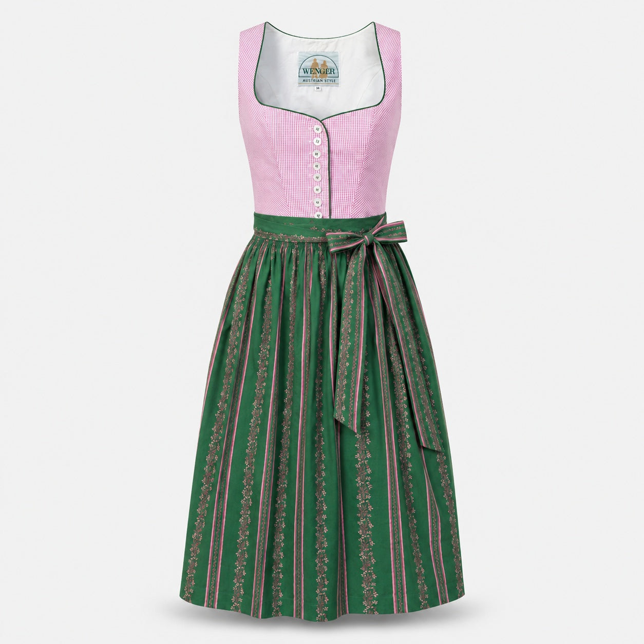 Pink and green Wenger Dirndl with checked pink bodice, green patterned skirt and matching apron bow for Oktoberfest rental in Munich