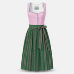 Pink and green Wenger Dirndl with checked pink bodice, green patterned skirt and matching apron bow for Oktoberfest rental in Munich